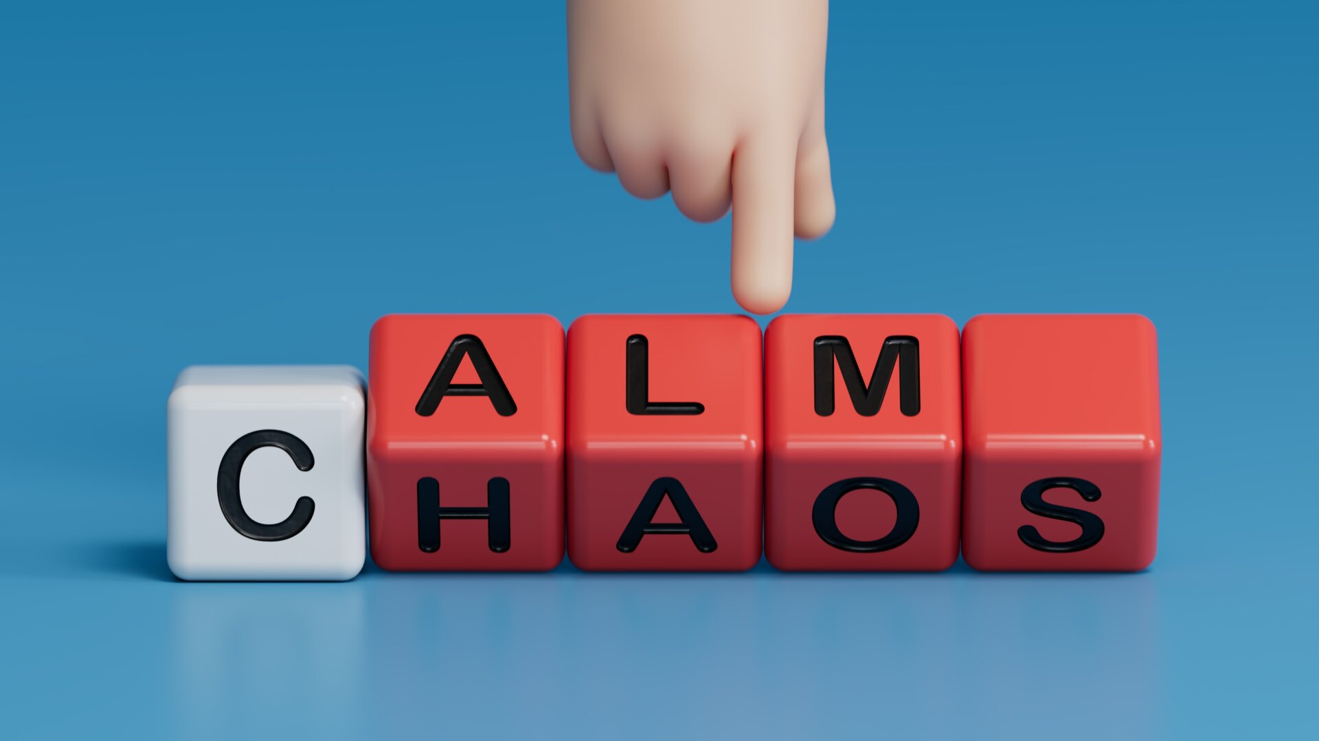 Calm vs chaos symbol. Businessman hand turns wooden cubes and changes word Chaos to Calm.Business and Calm vs chaos concept. Copy space.3D rendering on blue background.
