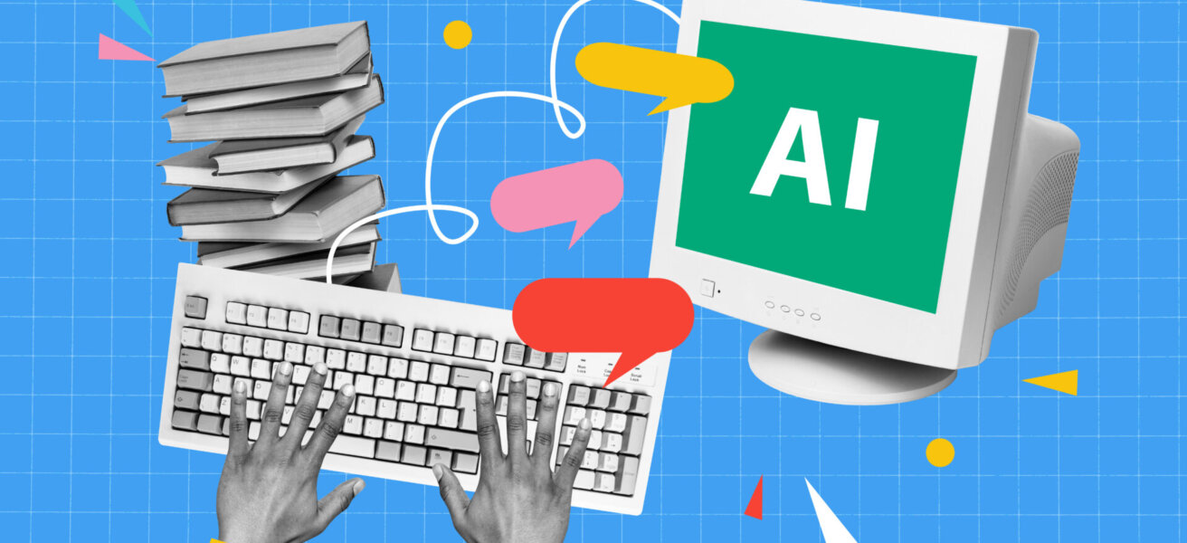 Creative artwork template sketch image 3D collage of hand type keyboard pile book knowledge university virtual webinar distance lesson