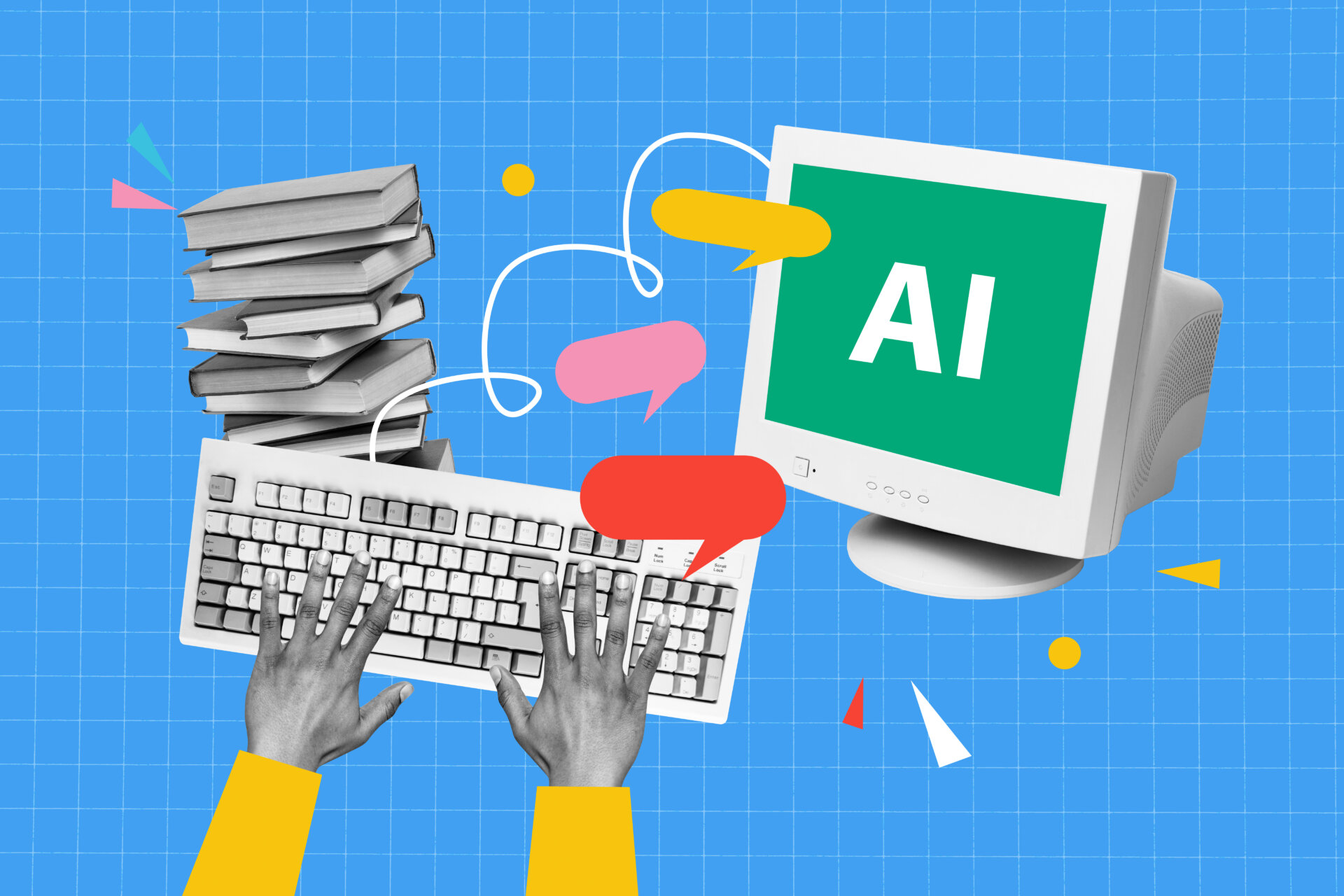 Creative artwork template sketch image 3D collage of hand type keyboard pile book knowledge university virtual webinar distance lesson