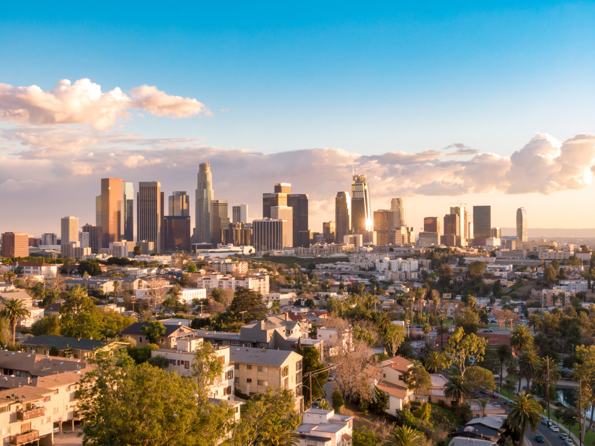 Aerial view of downtown Los Angeles city skyline and skyscrapers