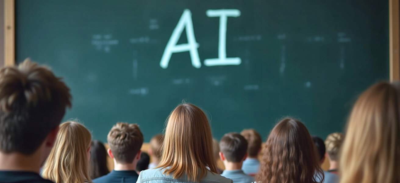 University students sitting in a lecture hall attending a course on artificial intelligence, learning the technology in their studies. AI classes taught in colleges, educating for the future.