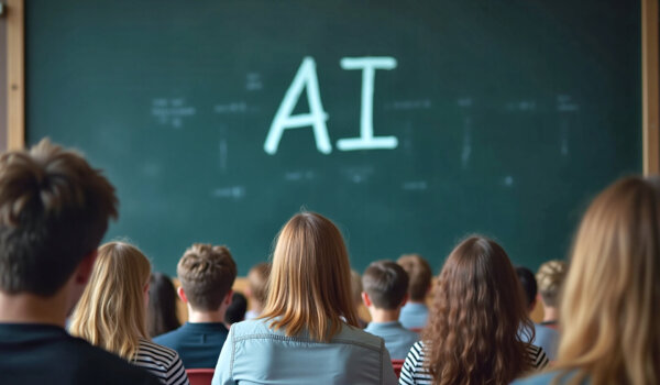 University students sitting in a lecture hall attending a course on artificial intelligence, learning the technology in their studies. AI classes taught in colleges, educating for the future.