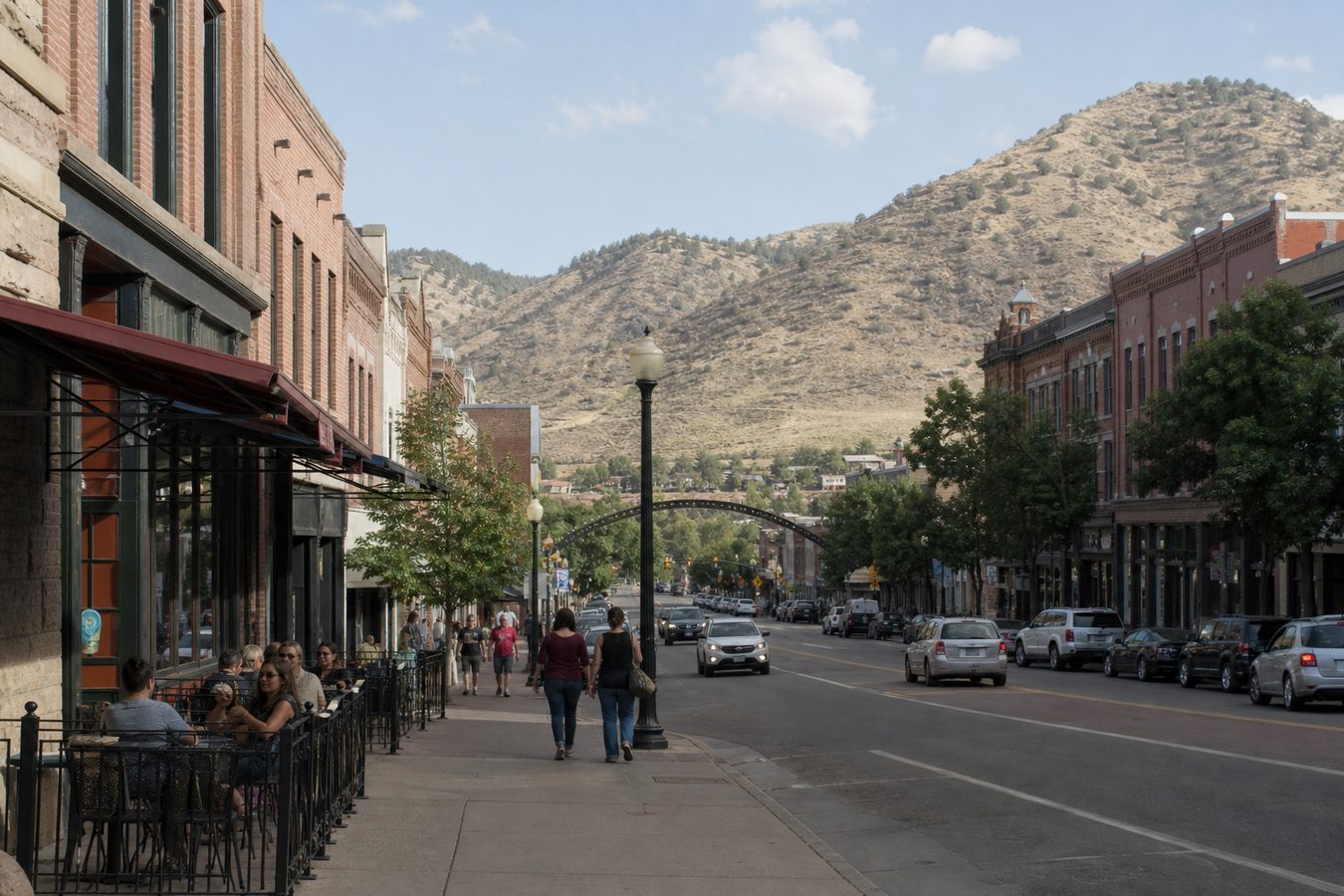 Downtown Golden, Colorado — Washington Street with the Rocky Mountains in the background